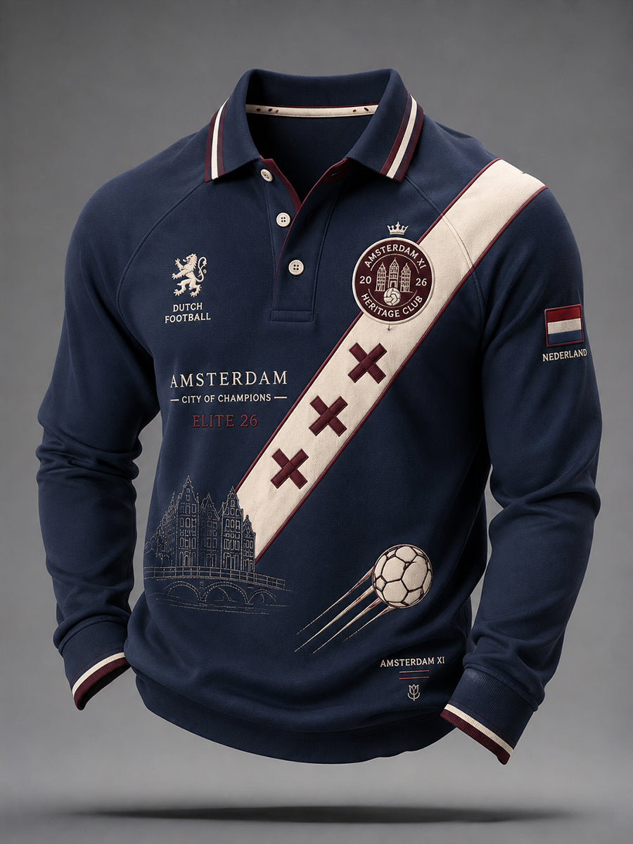 Raglan poloshirt met lange mouwen voor heren en print met voetbalthema