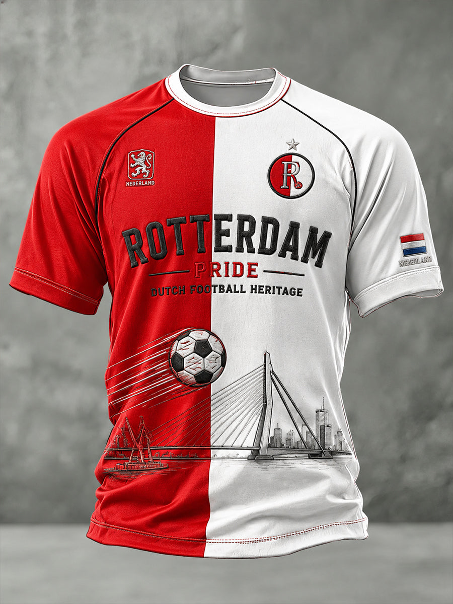 Heren-T-shirt met korte mouwen en raglanmouwen, voorzien van een voetbalprint