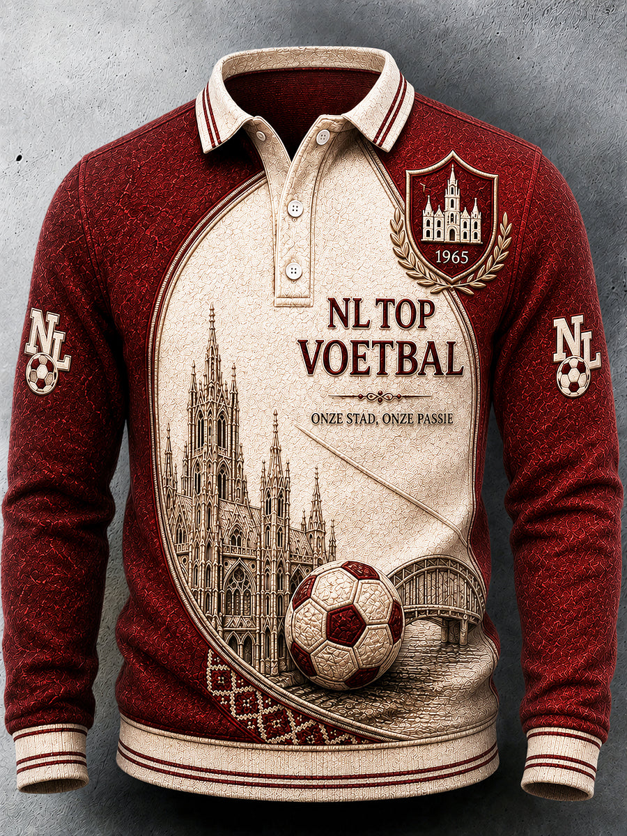 Herenvintage Nederlandse Eredivisie Twente patchwork print casual poloshirt met lange mouwen