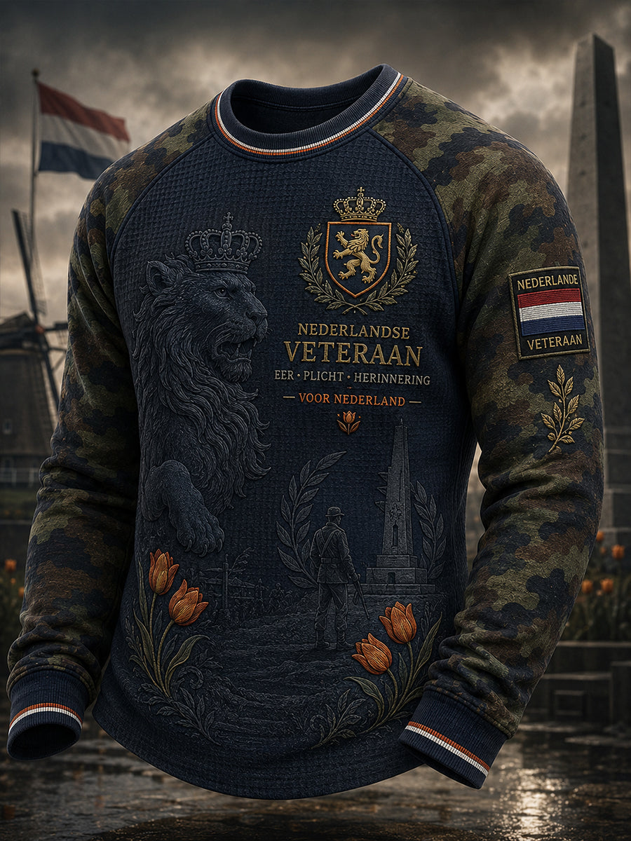 Herenhemd in vintagestijl met camo-print, gewafeld en raglanmouwen, lange mouwen