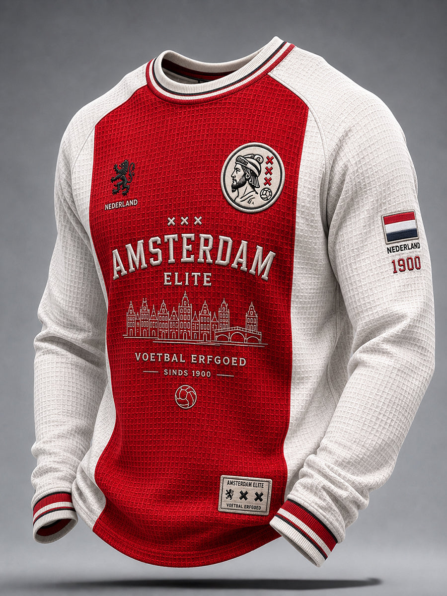 Voetbalthema-geprinte wafelgebreide raglan-top met lange mouwen voor heren
