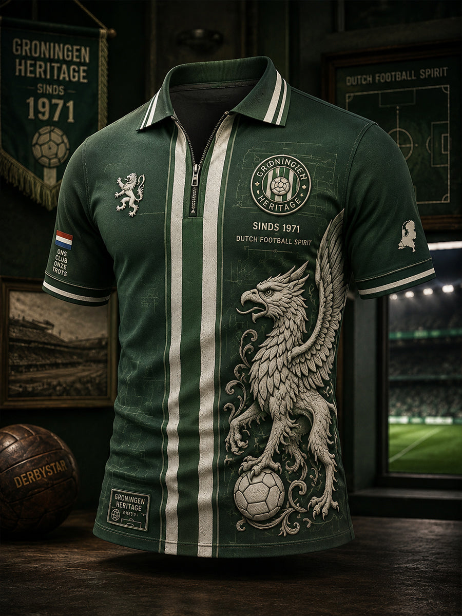Herenpoloshirt met korte mouwen en ritskraag, voorzien van een voetbalprint