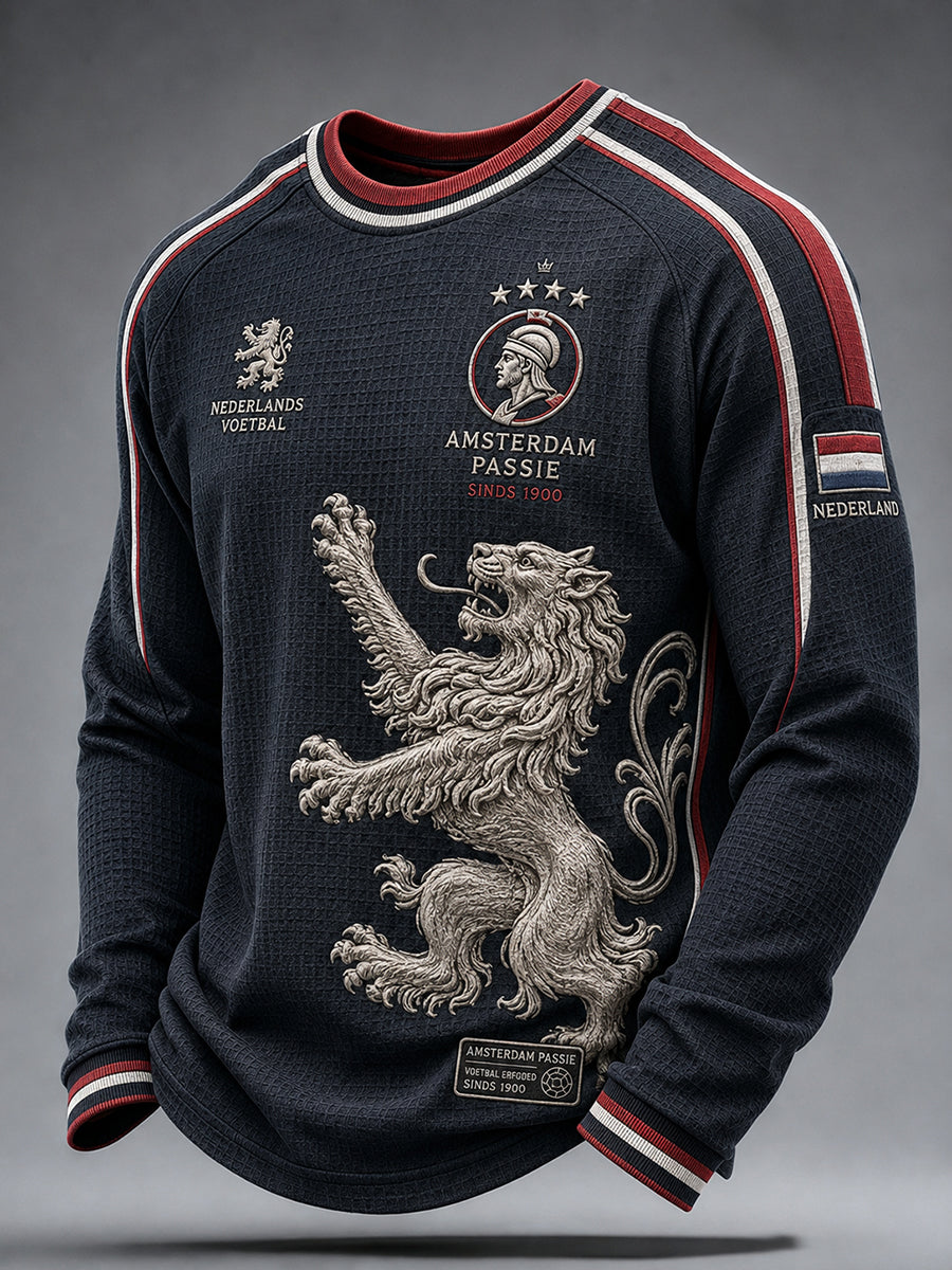Voetbalthema-geprinte wafelgebreide raglan-top met lange mouwen voor heren