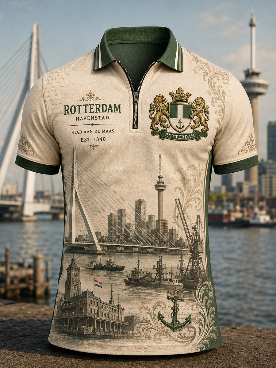 Herenvintage city-thema grafische print met korte mouw poloshirt met ritssluiting