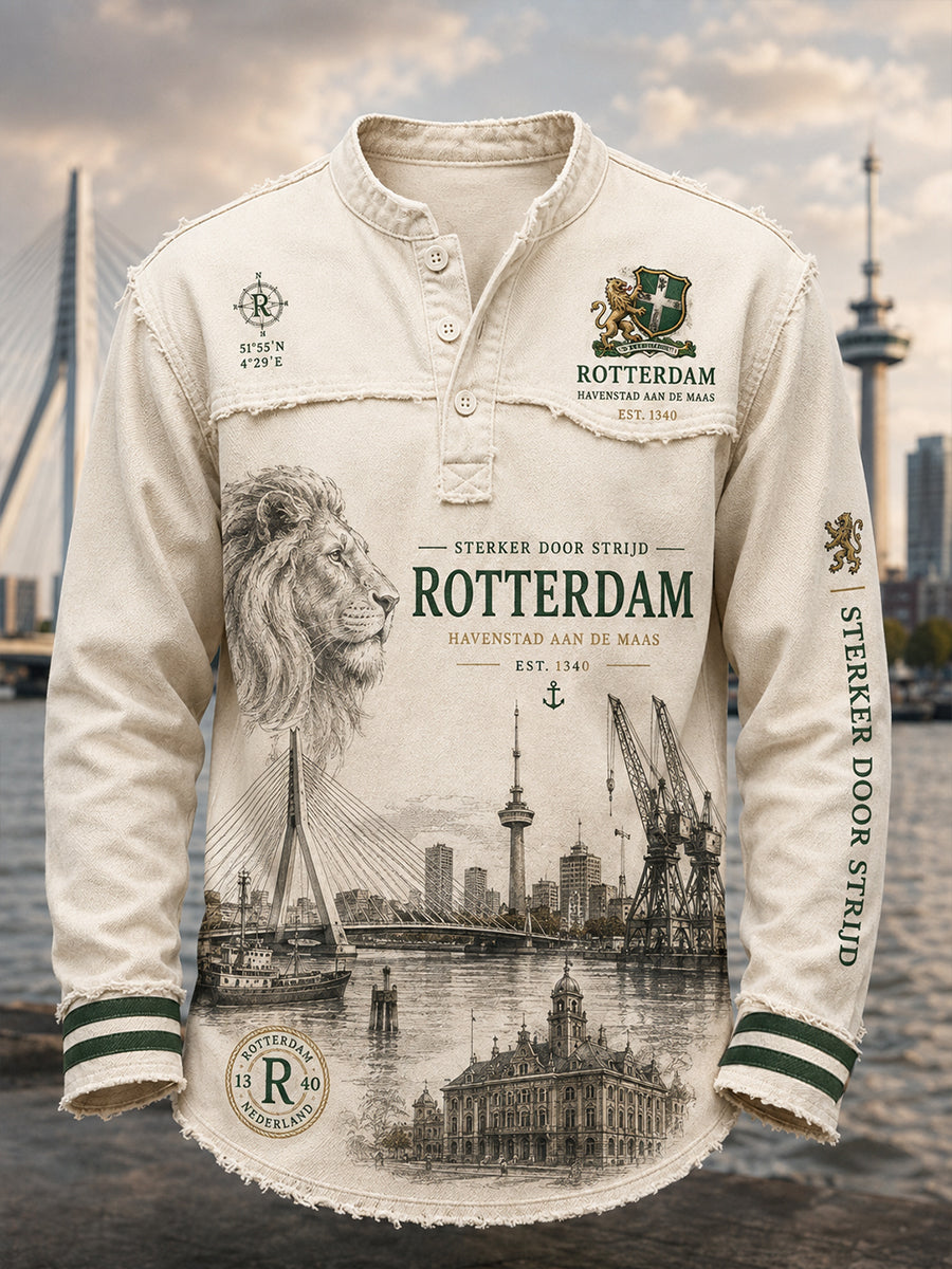 Herenhemd met lange mouwen en vintageprint in souvenirstijl van een stad