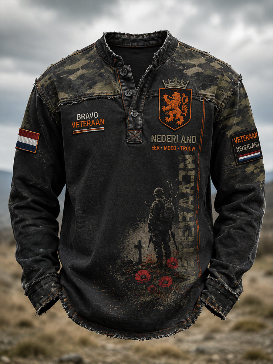 Vintage top met lange mouwen voor heren met camouflage en herdenkingsafdruk met een veteraan