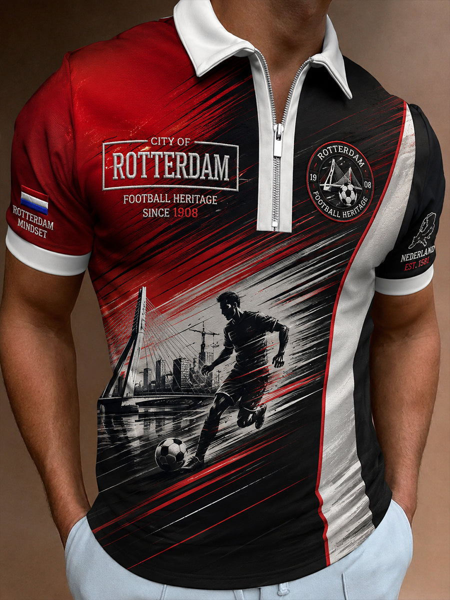 Herenpoloshirt met korte mouwen en rits vooraan, met een op clubs geïnspireerde grafische print