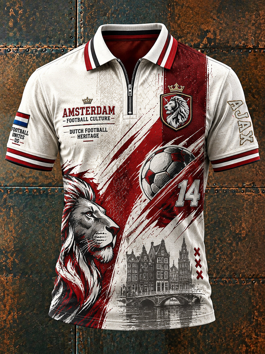 Herenpoloshirt met korte mouwen en rits vooraan, met een op clubs geïnspireerde grafische print