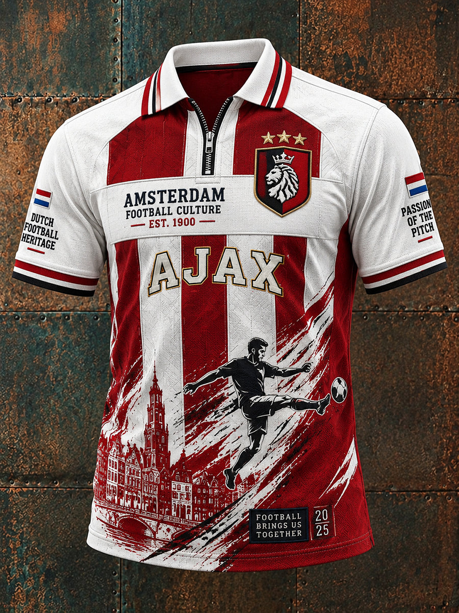 Herenpoloshirt met korte mouwen en rits vooraan, met een op clubs geïnspireerde grafische print