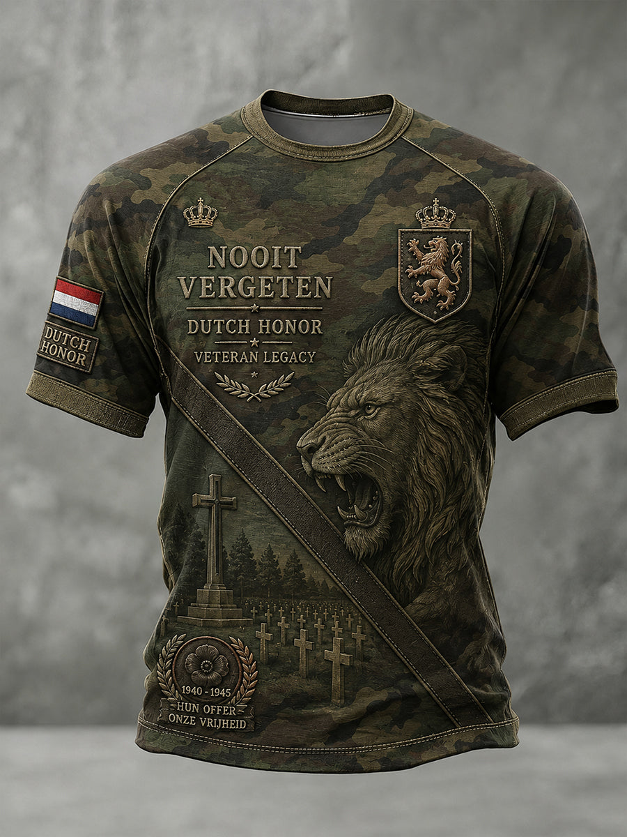 Heren-T-shirt in vintagestijl met raglanmouwen, camouflage en een herdenkingsprint voor veteranen