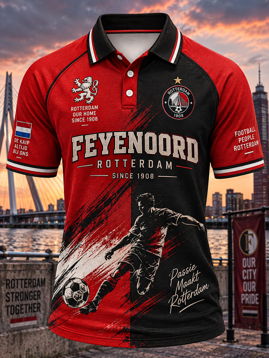 Herenpoloshirt met korte mouwen en voetbalprint
