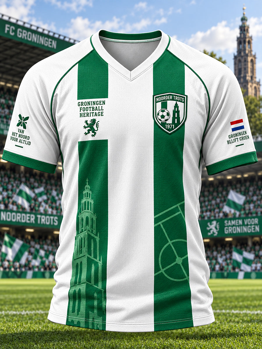 Heren-T-shirt met korte mouwen en raglanmouwen, voorzien van een voetbalprint