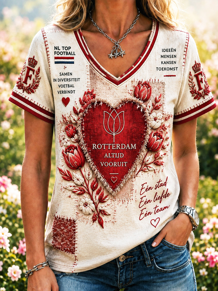 Feyenoord voetbal patchwork print casual V-hals T-shirt voor dames