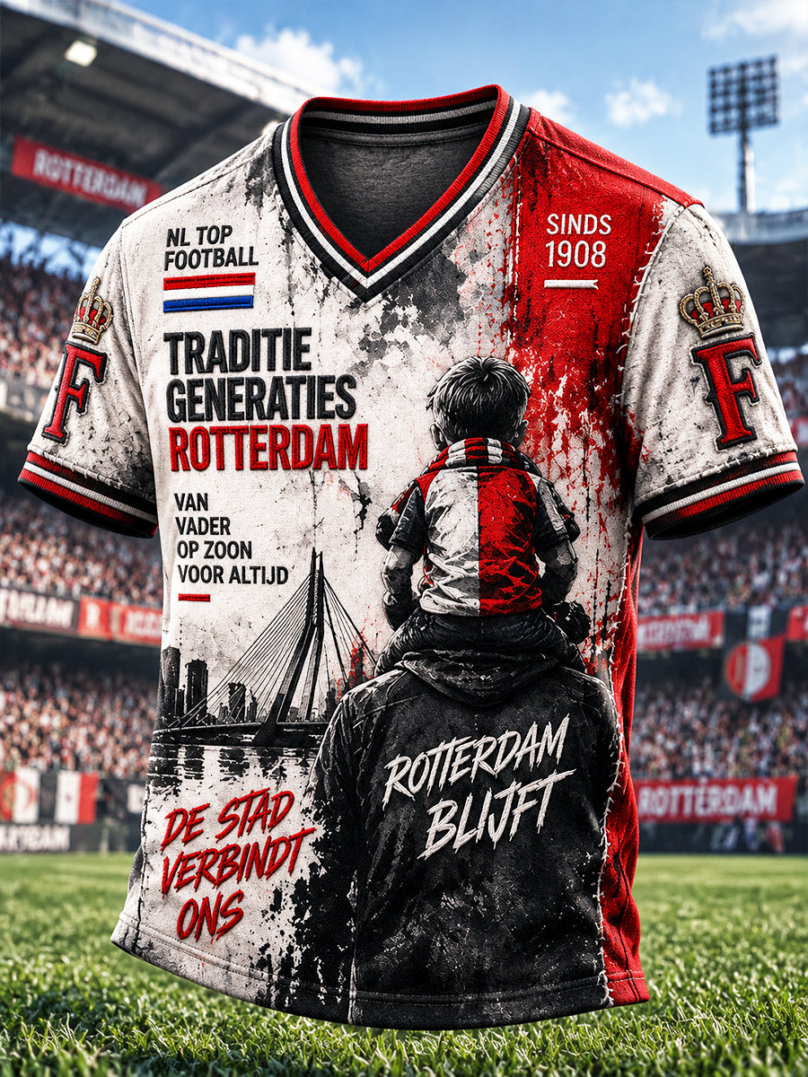 Retro Feyenoord voetbalprint casual V-hals T-shirt voor heren
