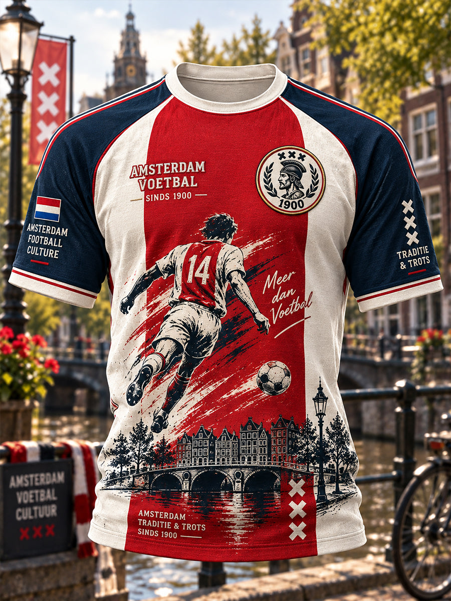 Heren-T-shirt met korte mouwen en raglanmouwen, voorzien van een voetbalprint