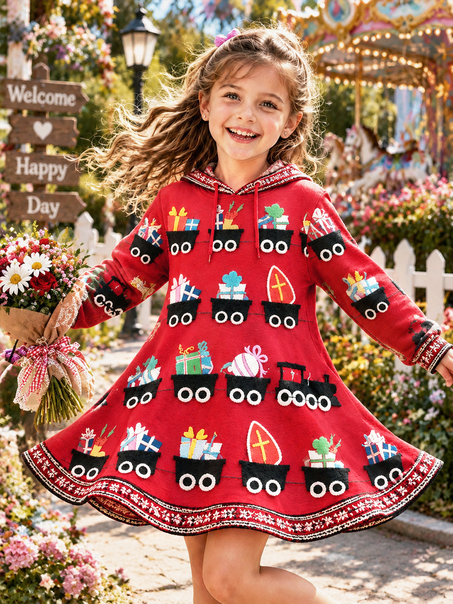 Meisjesrode Nederlandse sinterklaasdag schattige print casual jurk met capuchon
