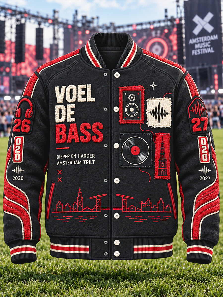Heren zwart Amsterdam Electronic Music Festival Print Casual Baseball Jacket