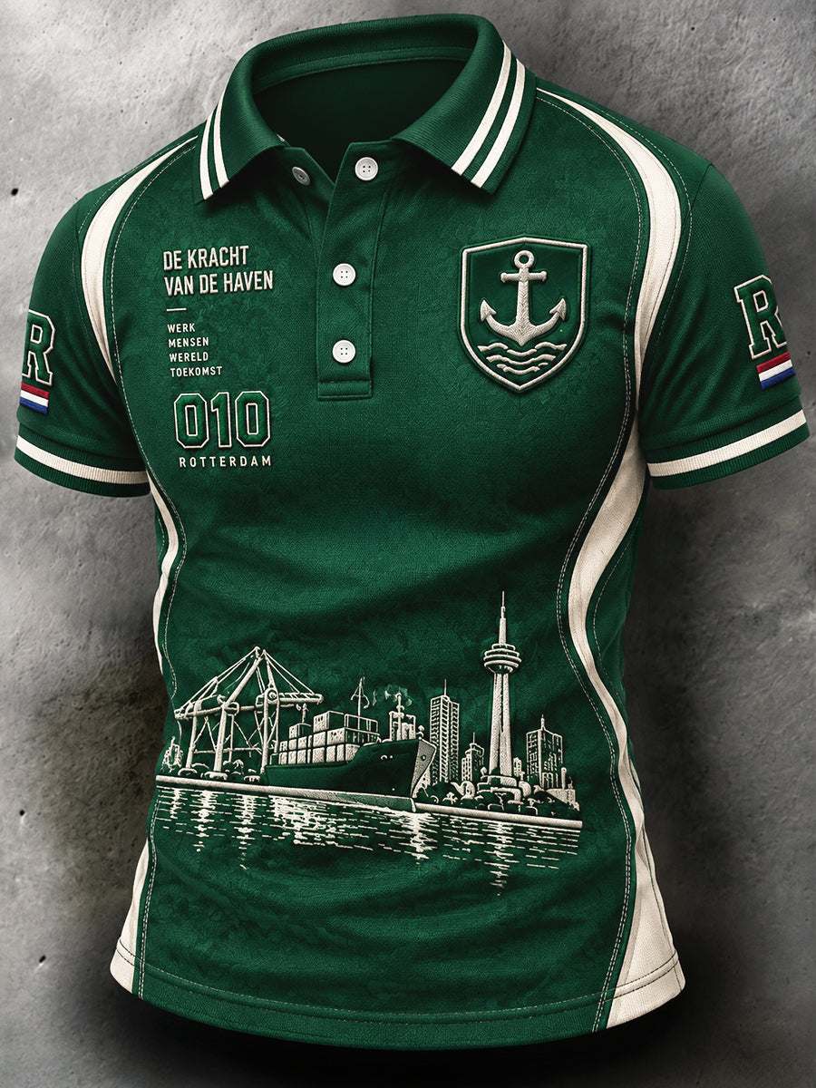 Herenpolo in groen met Hollandse Rotterdam-patchworkprint, casual stijl