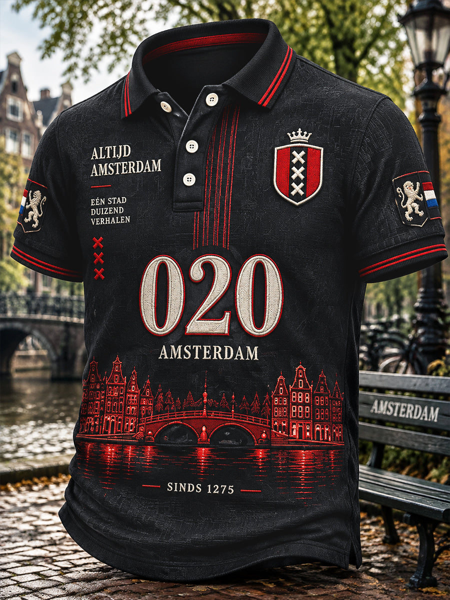Zwart casual poloshirt voor heren met Amsterdam-print
