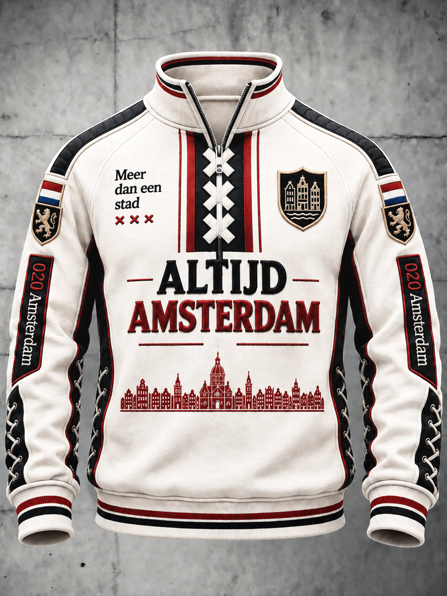 Wit heren-sweatshirt met Amsterdam-print, patchworkstijl en opstaande kraag, voor casual gebruik