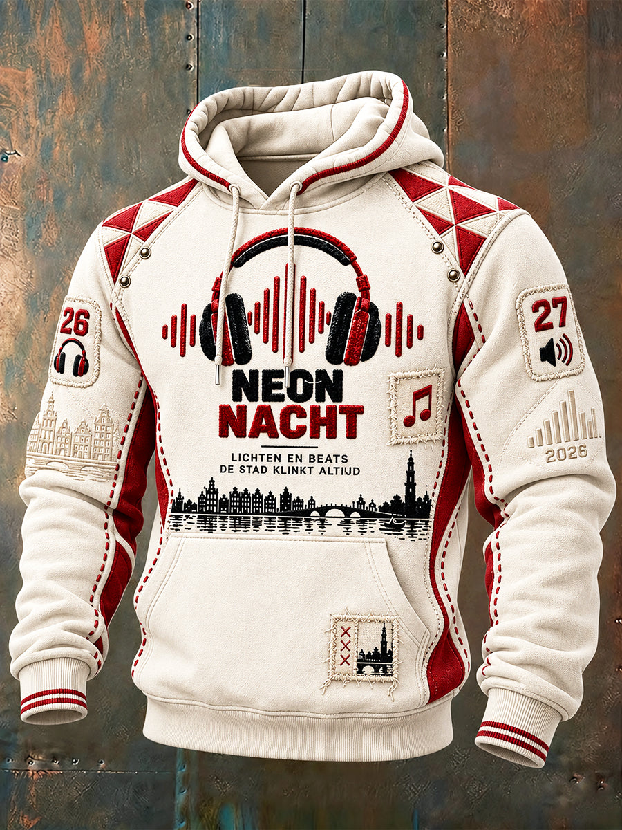 Herenvintage off-white Amsterdam Electronic Music Festival Print casual sweatshirt met capuchon