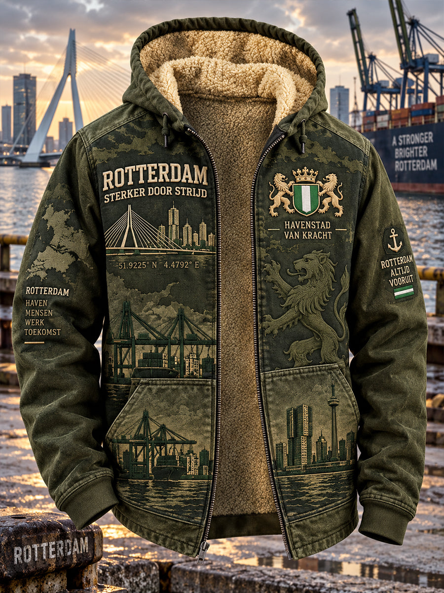 Herenhoodie met lange mouwen en rits, voorzien van een stedelijk herdenkingsmotief
