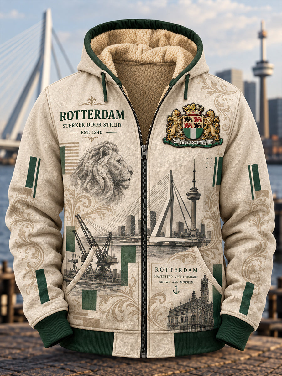Herenhoodie met lange mouwen en rits, voorzien van een stedelijk herdenkingsmotief