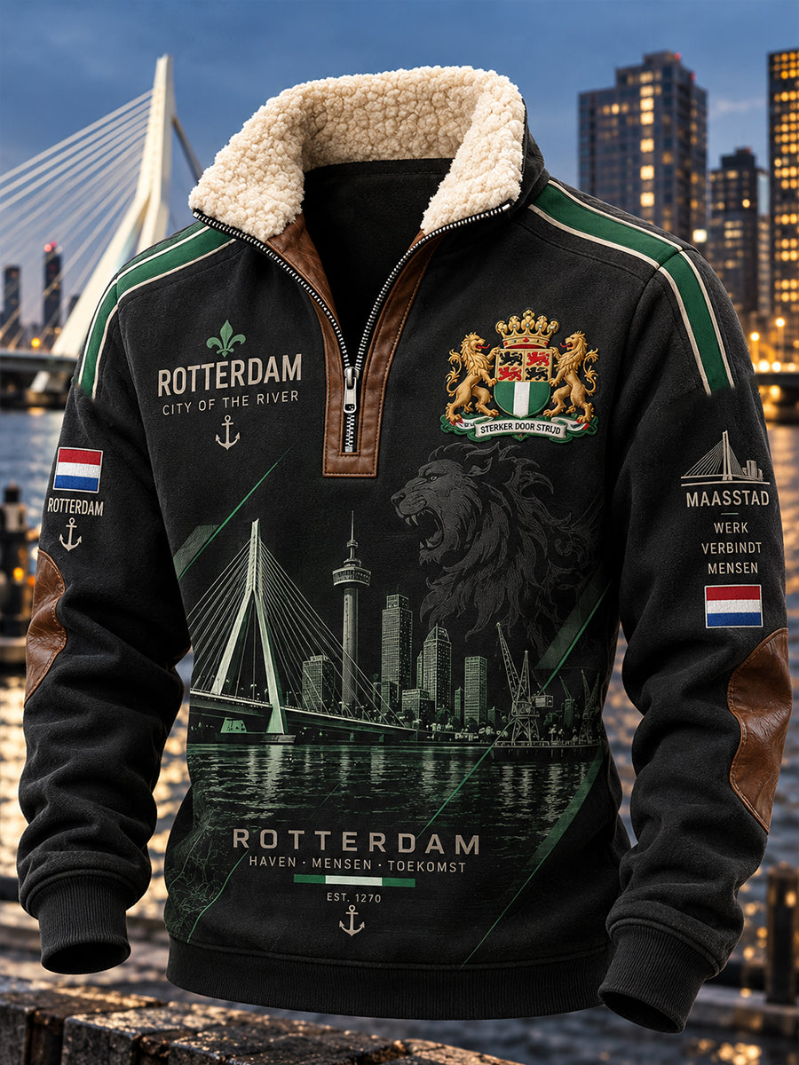 Herensweatshirt met lange mouwen, rits en mock-hals, voorzien van een stedelijke herdenkingsprint