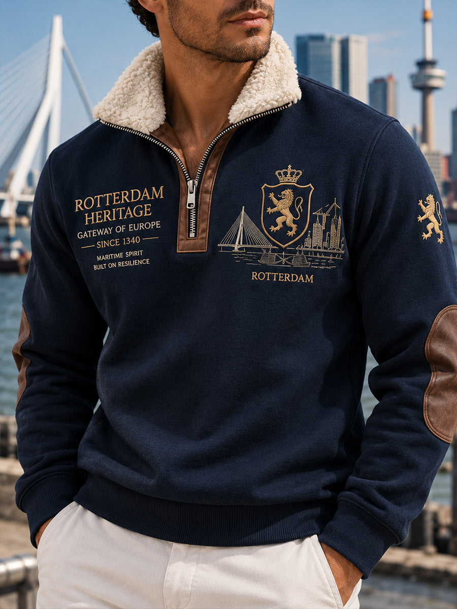 Herensweatshirt met lange mouwen, rits en mock-hals, voorzien van een stedelijke herdenkingsprint