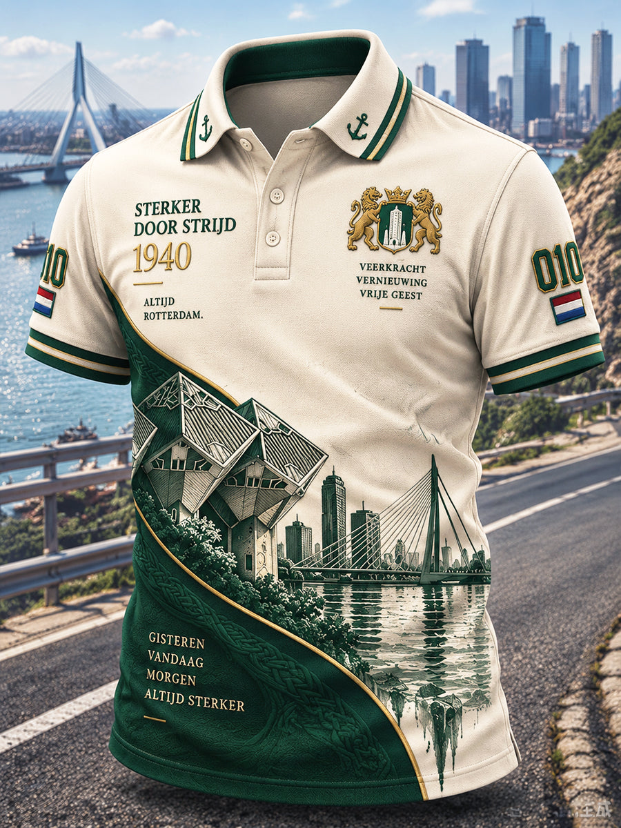 Beige Nederlandse Rotterdam City Patchwork Print Casual Poloshirt