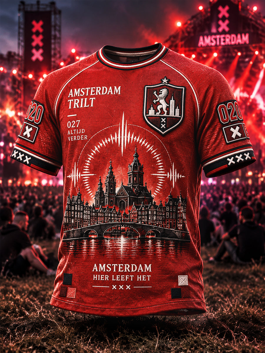 Heren Rood Amsterdam Electronic Music Festival Print Casual Drop-Shoulder T-shirt