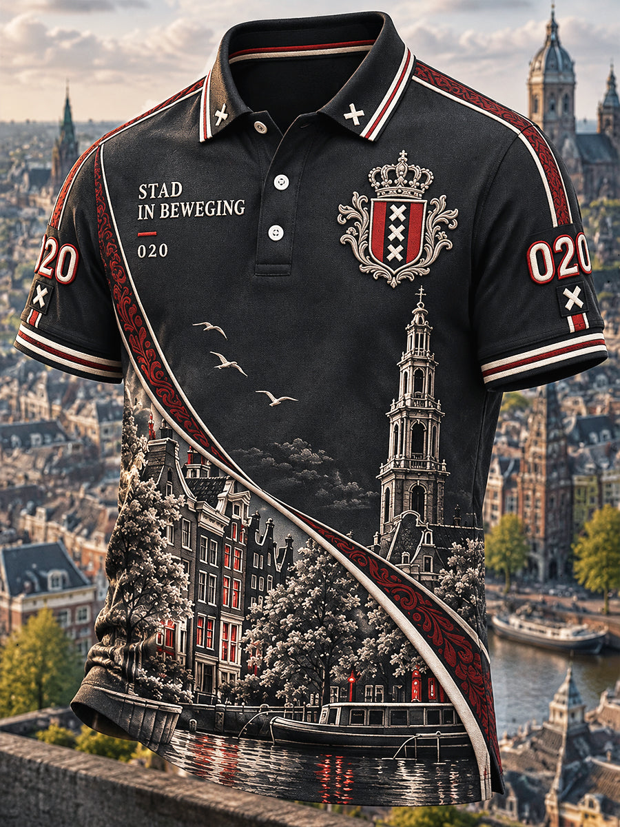 Casual poloshirt voor heren zwart Amsterdam City Print