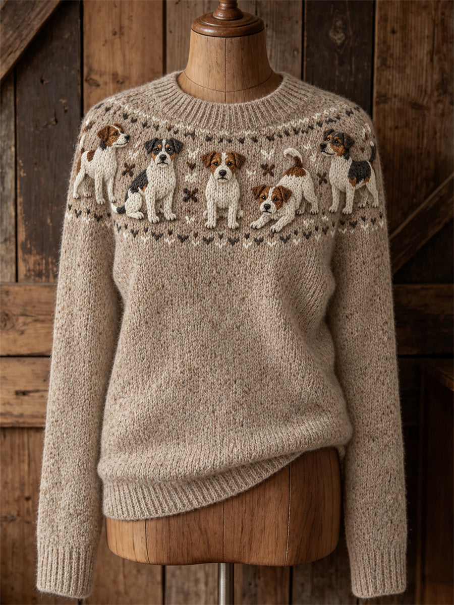Dames Vintage mooie jack Russell honden Yoke Isle print ronde hals trui