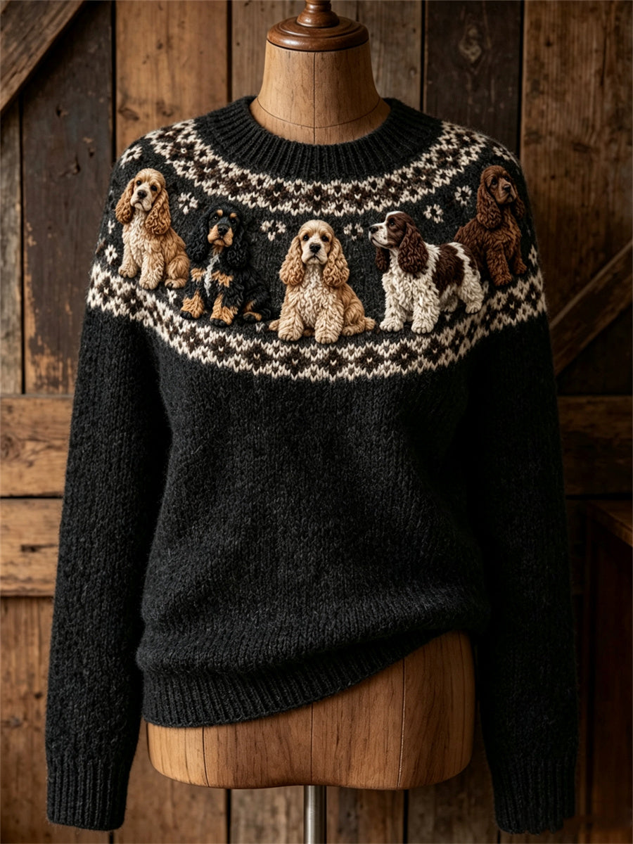 Dames Vintage Mooie Cocker Spaniel Honden Yoke Isle Print ronde hals trui