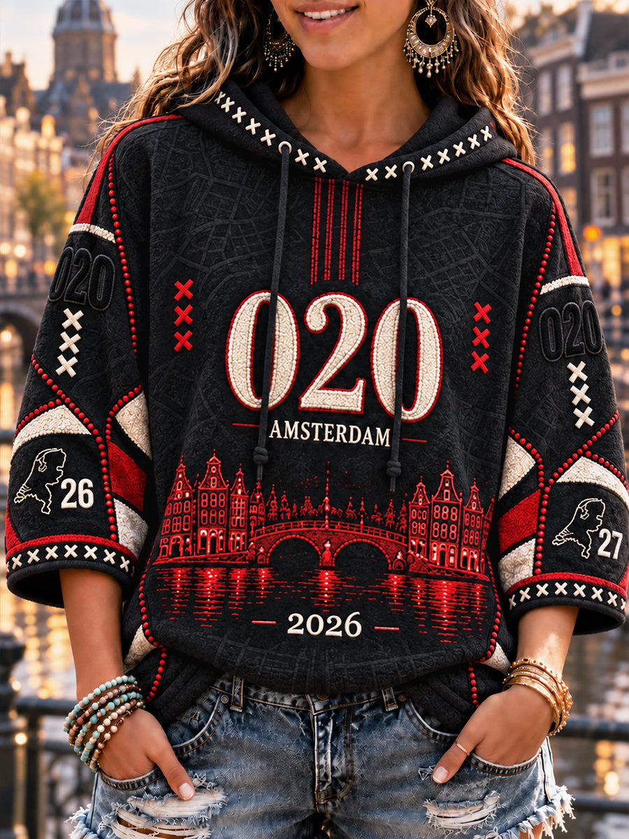Black Amsterdam City Print casual sweatshirt met capuchon voor dames
