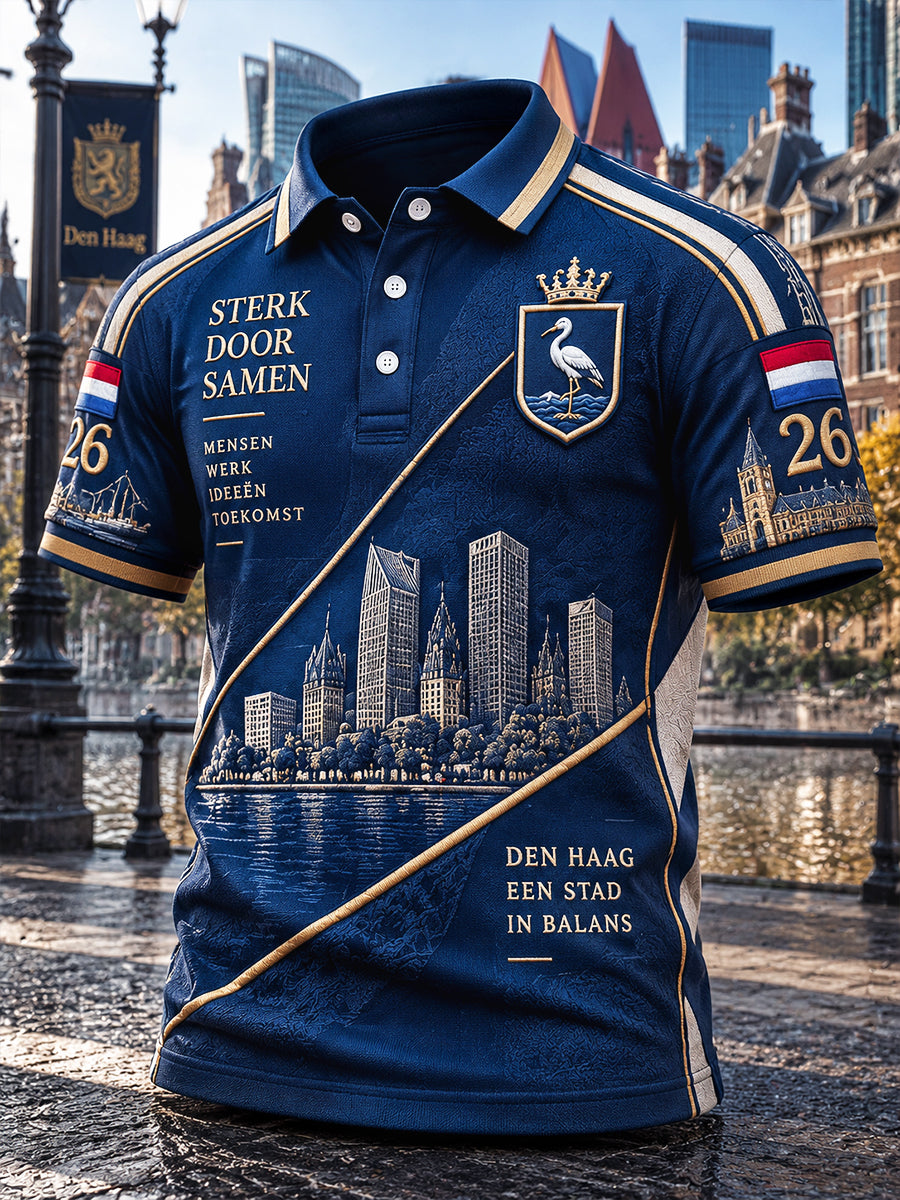 Nederlandse Haagse Stad Architectuur Patchwork Print Casual Poloshirt
