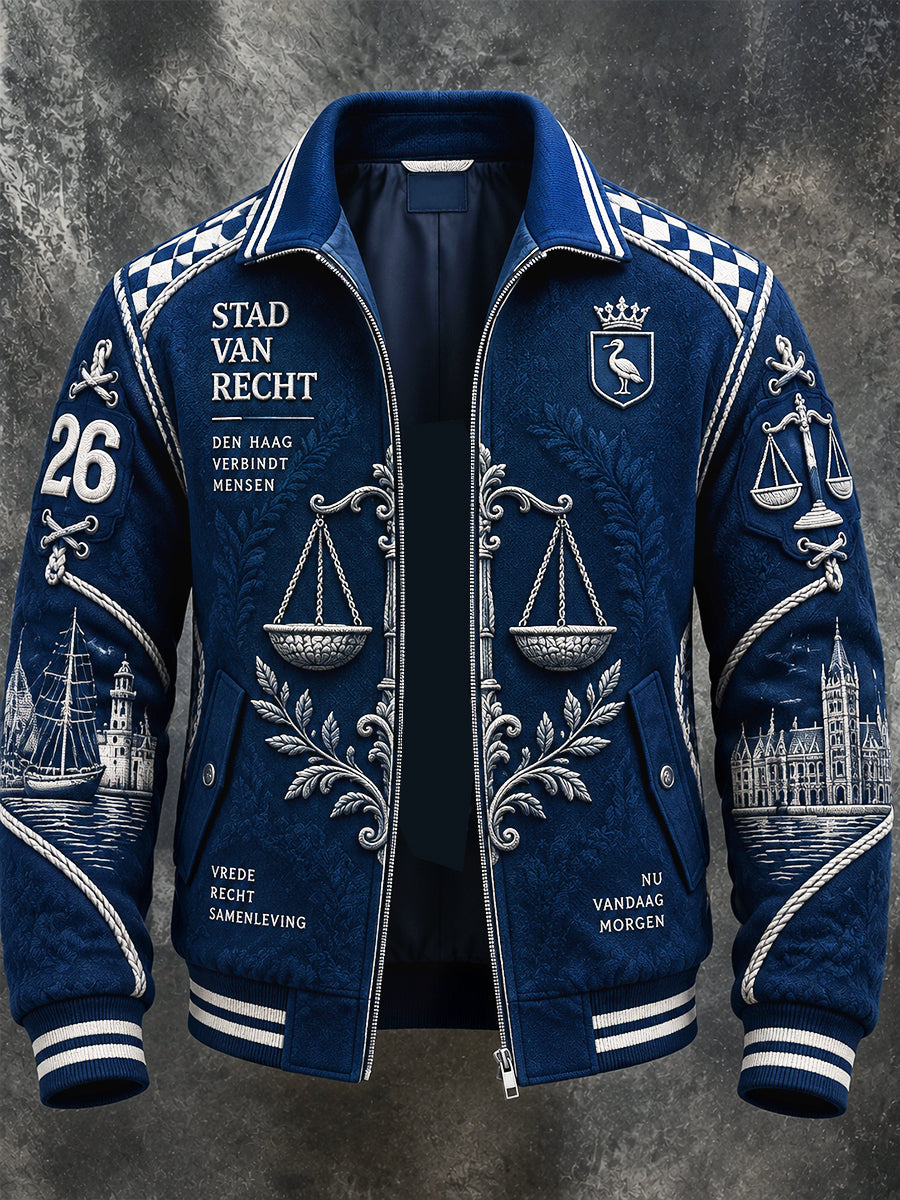 Heren blauw Nederlands Den Haag Balance Patchwork Print Casual Ritsjas