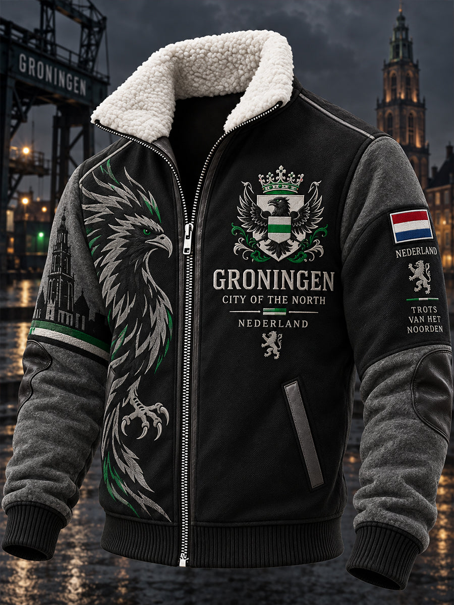 Grafisch geprinte ritsjas met mock-hals voor heren, in stijl van de stad