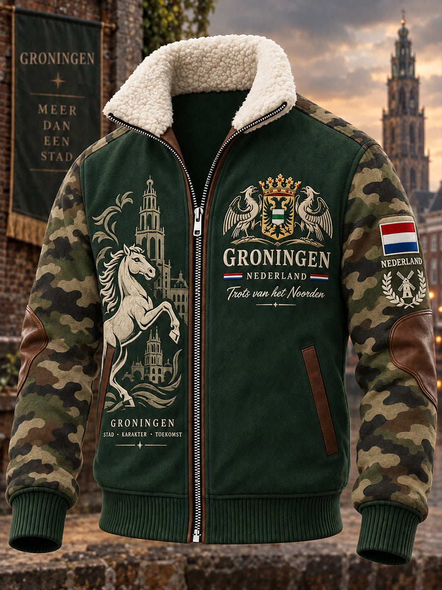Grafisch geprinte ritsjas met mock-hals voor heren, in stijl van de stad