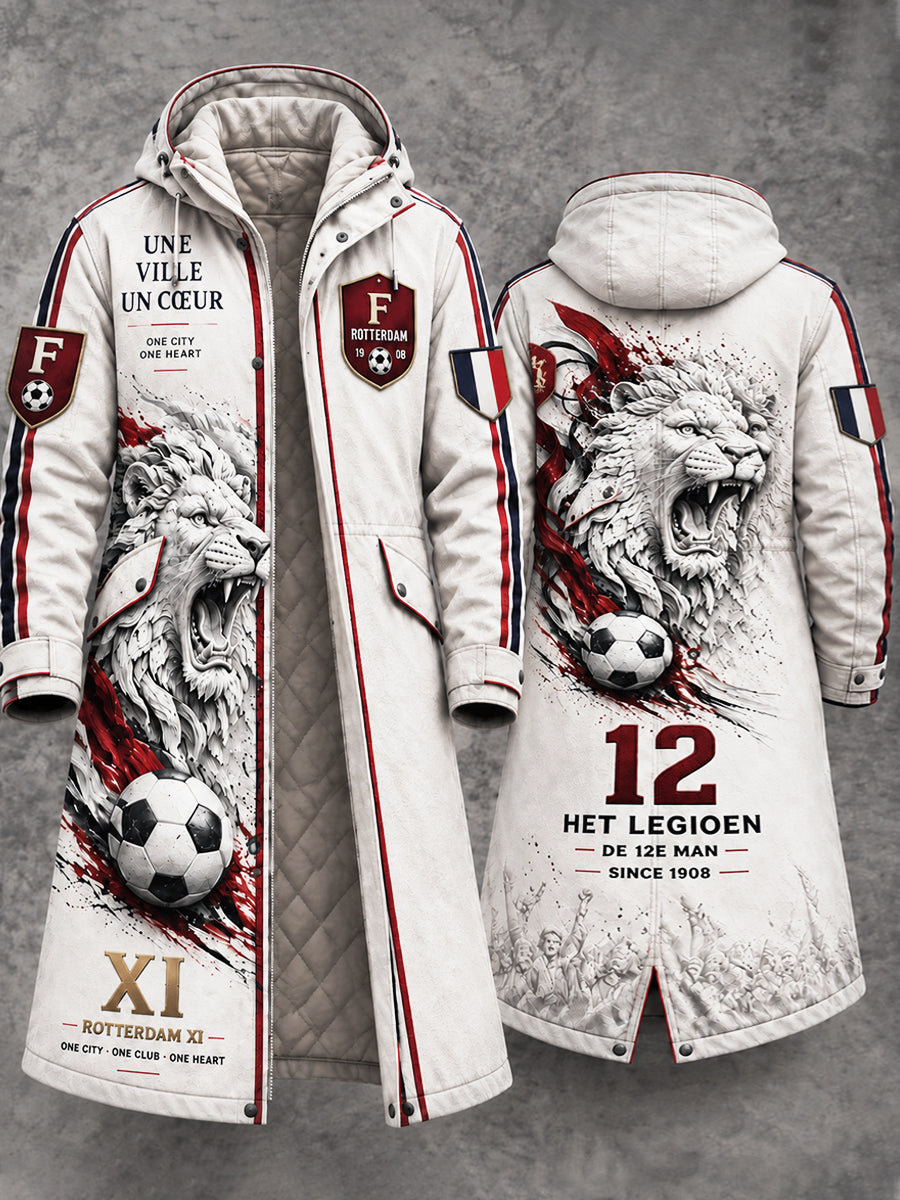 Witte Feyenoord (Eredivisie) lange vrijetijdsjas met leeuwenprint en capuchon voor heren