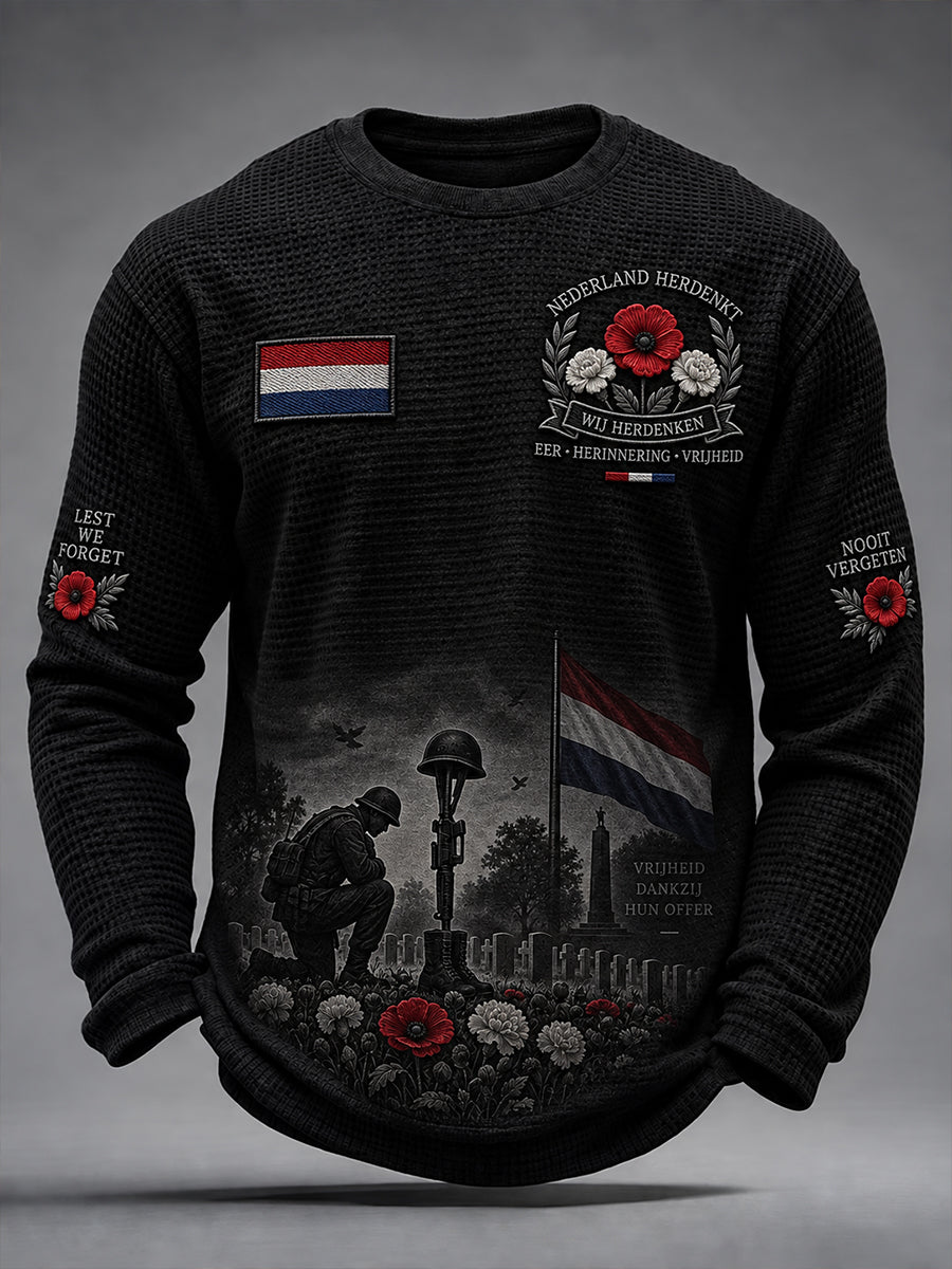 Herenherdenking dag print wafel-gebreide top met lange mouwen