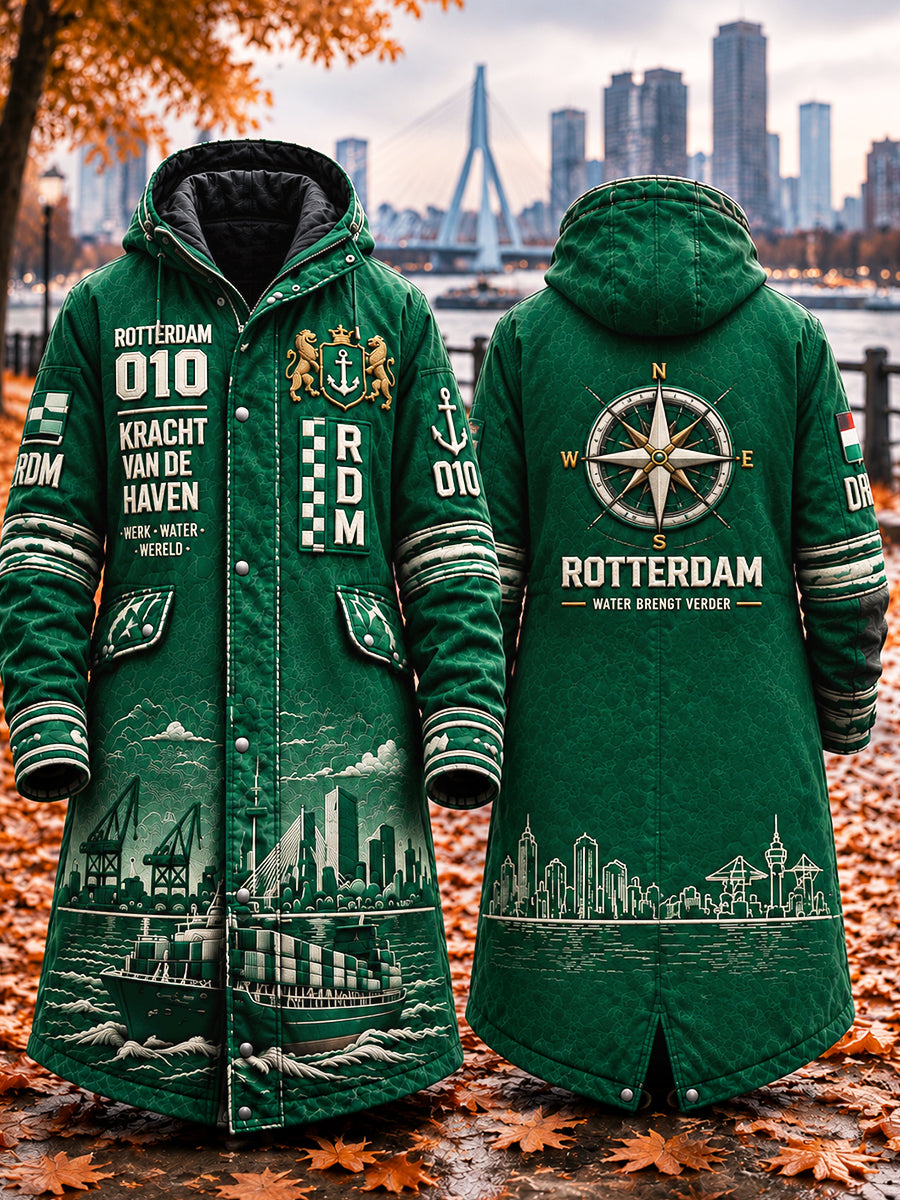 Groene, lange, casual herenjas met capuchon en Rotterdam-stadprint