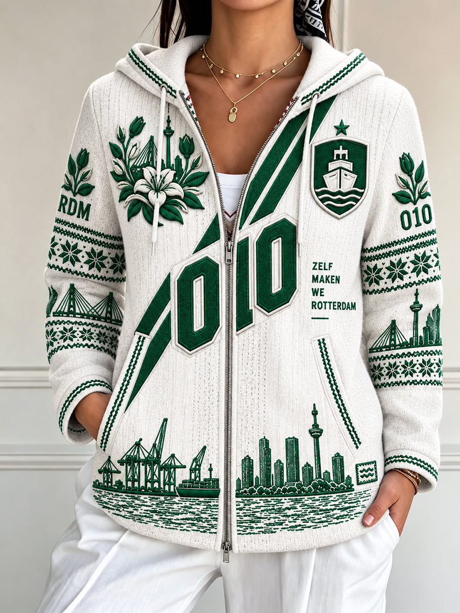 Damesjack met Rotterdam-stadprint en capuchon, casual stijl