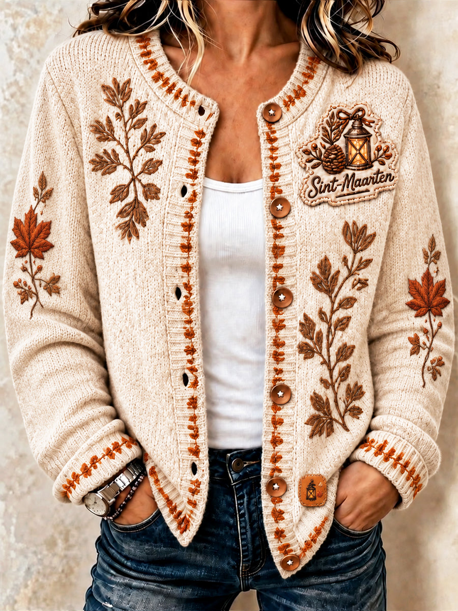 Damescasualvest in offwhite met esdoornbladprint, Nederlands Sint-Maartensmotief