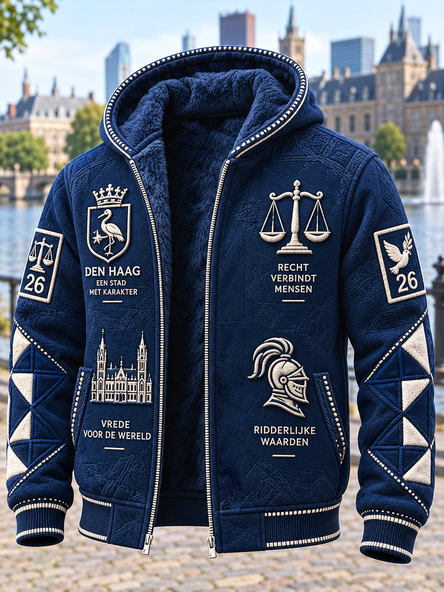 Donkerblauw herenjack met Hollandse Haagse print, casual en gevoerd met fleece, voorzien van capuchon