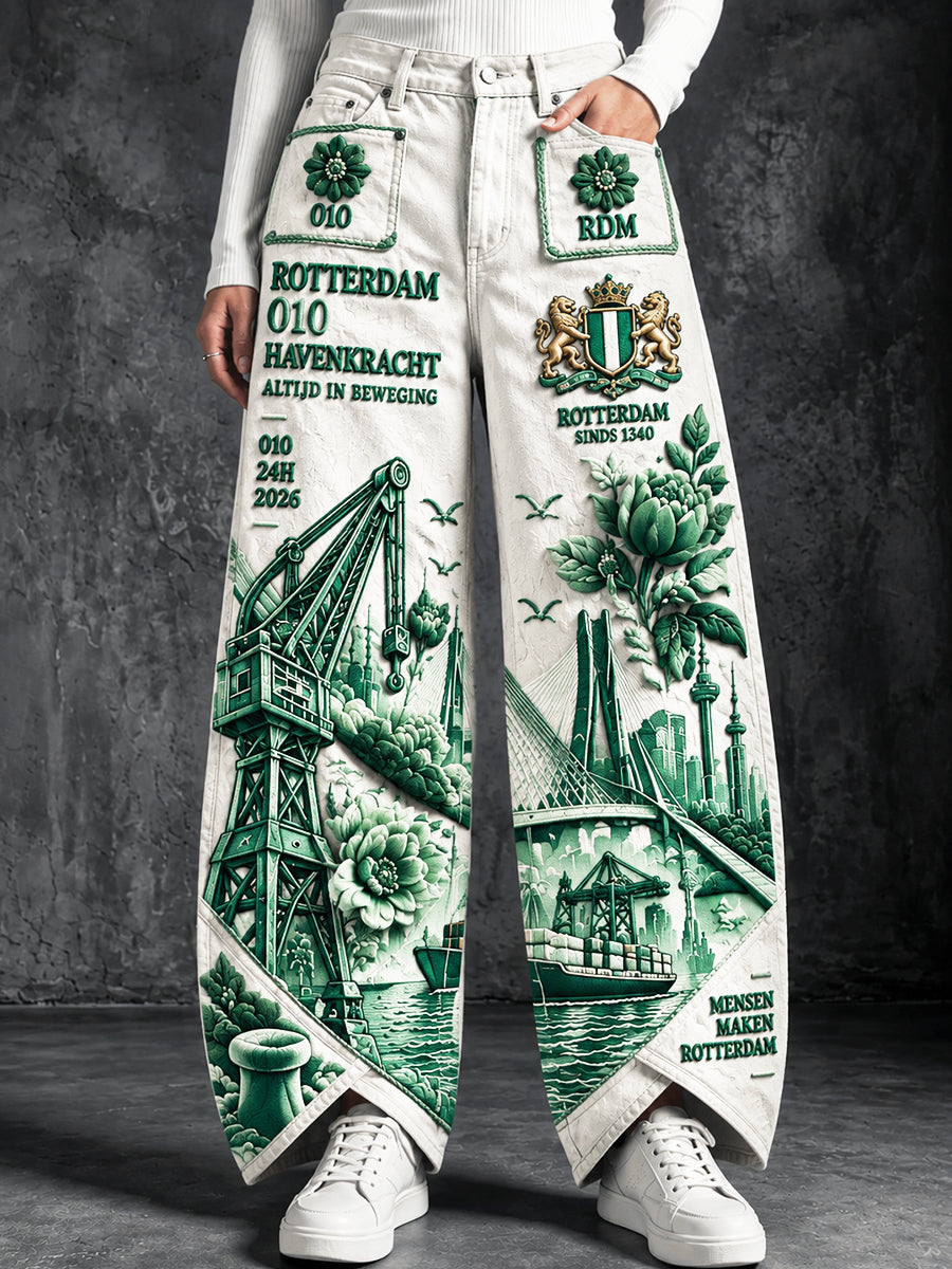 Damesbroek in wit met Rotterdam-stadprint, casual stijl