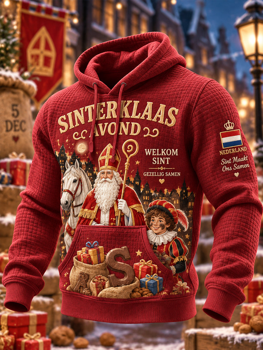 Heren St. Nicholas Day Grafische Print Waffle-Knit Lange Mouw Hoodie