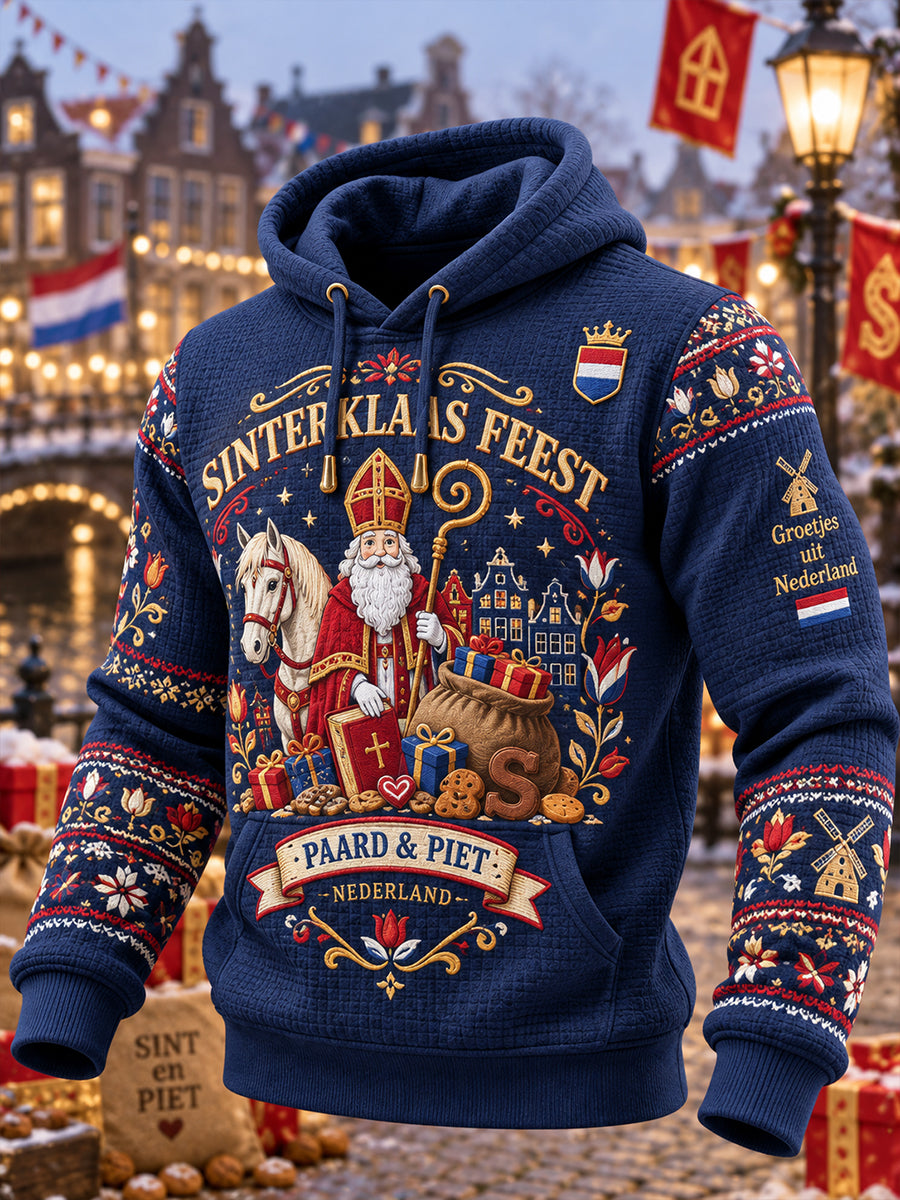 Herenhoodie met grafische print voor Sint Nicolaasdag, gewafeld gebreid, lange mouwen