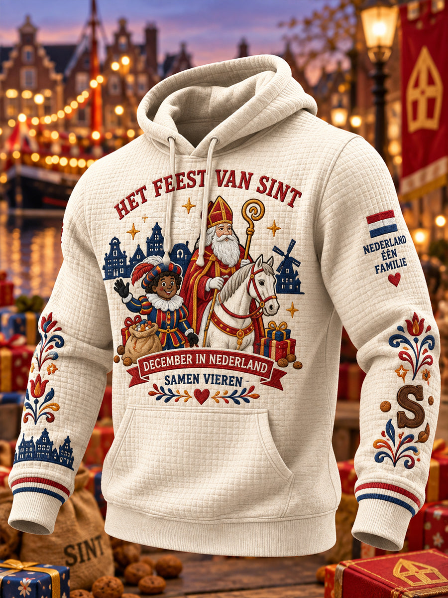 Herenhoodie met grafische print voor Sint Nicolaasdag, gewafeld gebreid, lange mouwen