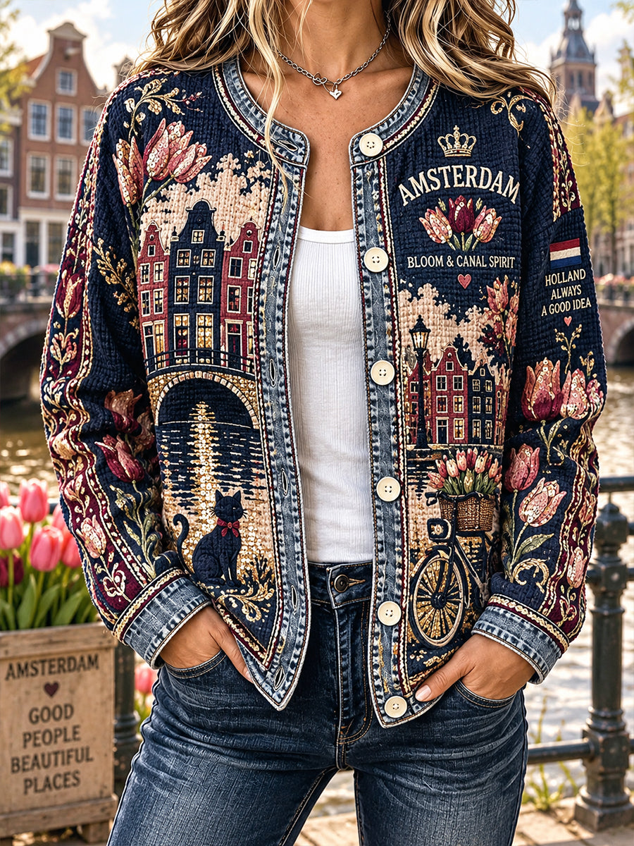 Waffle-brei jack met lange mouwen voor dames met bloemen en herdenkingsopdruk